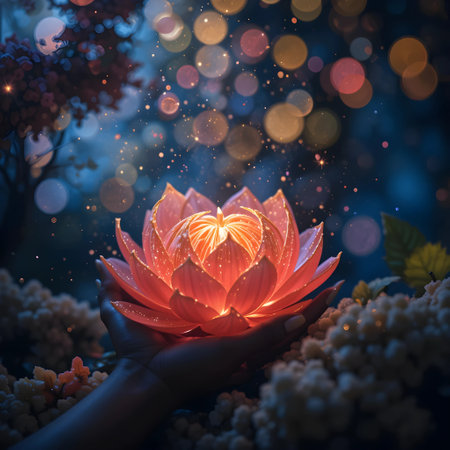 Lotus flower in hand with beautiful bokeh light background.の素材