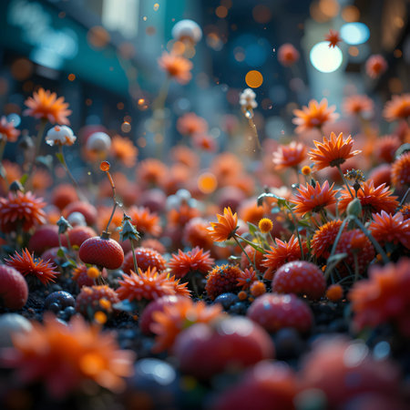 3d render of fantasy garden with flowers and bokeh lightsの素材