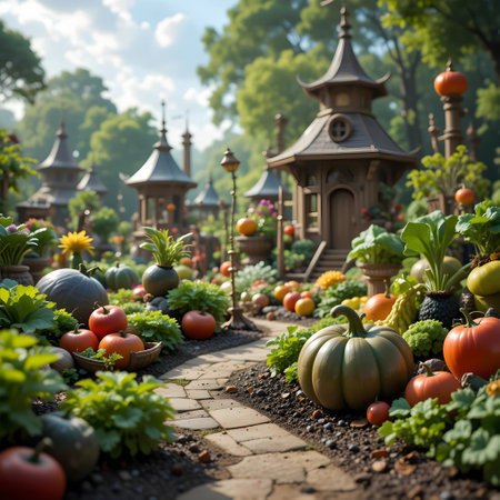Autumn garden with pumpkins, gourds and other vegetablesの素材