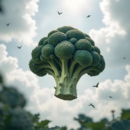 Broccoli with flying birds in the blue sky. 3d renderingの素材