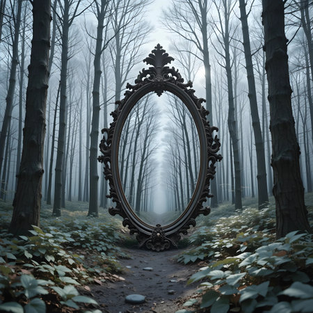 Mysterious mirror in the forest with fog. 3D renderingの素材