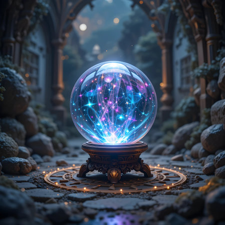 Magic crystal ball with glowing lines inside. 3d render illustration.の素材