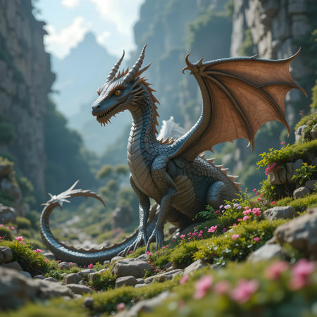 dragon statue in the garden 3d illustration. fantasy dragon in the gardenの素材