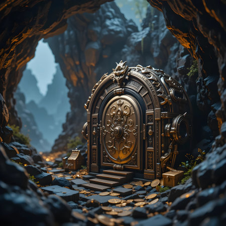 3D rendering of a fantasy portal in a cave with golden doorsの素材