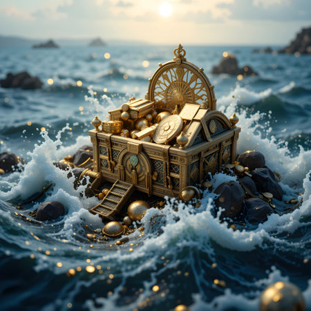Ancient treasure chest on the seashore. 3d rendering.の素材