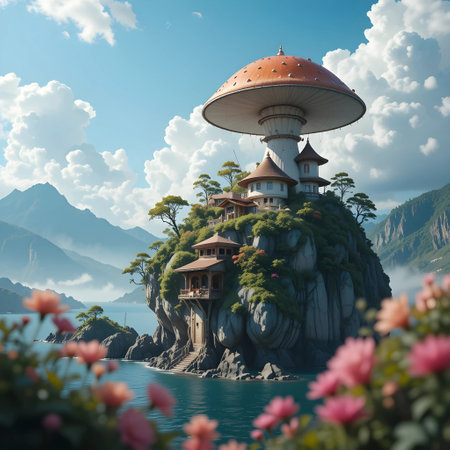 Tropical island in the middle of the sea and pink flowersの素材