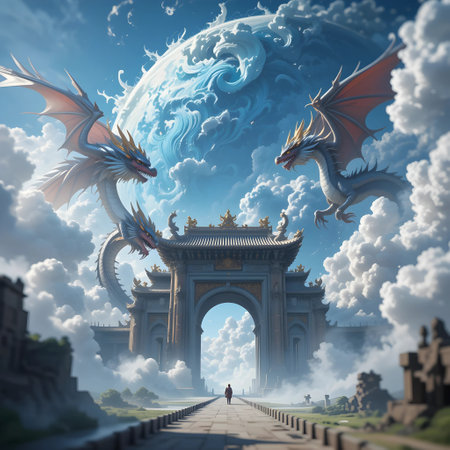 The dragon and the gate of heaven in fantasy. 3D renderingの素材