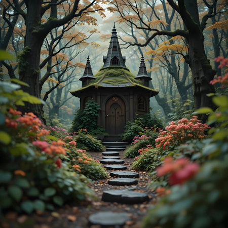Wooden church in the autumn forest with beautiful flowers. Halloween conceptの素材