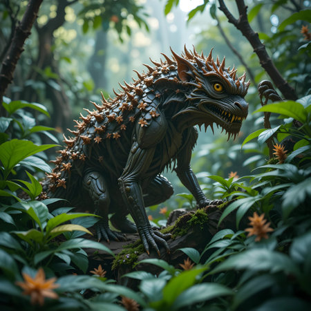 3d rendering of a fantasy dragon in the jungle with green backgroundの素材