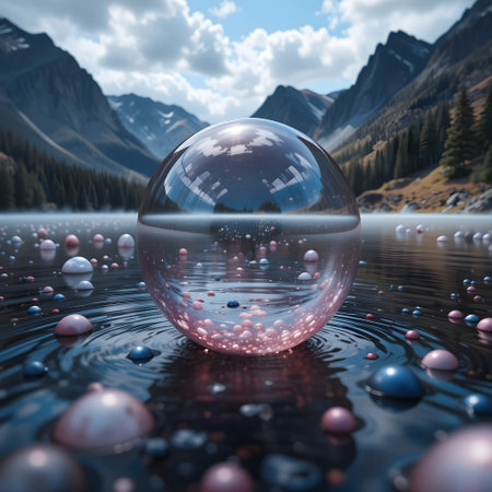 crystal ball with reflection of mountains in water. 3d illustrationの素材