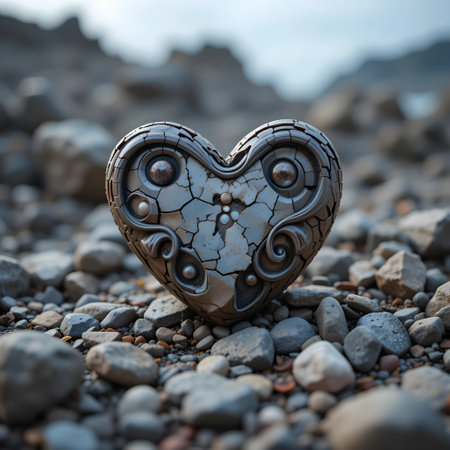 A closeup shot of a decorative heart on a stony beachの素材
