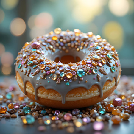 Donut with glaze and sprinkles on a blurred background.の素材