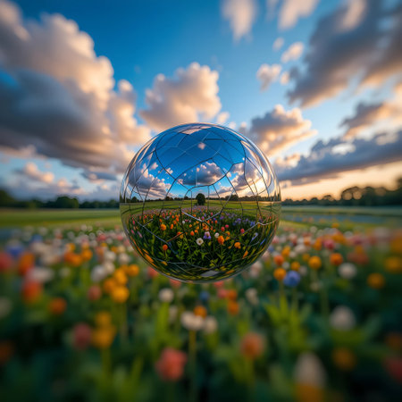 Glass globe in the field with colorful tulips and sunset sky.の素材