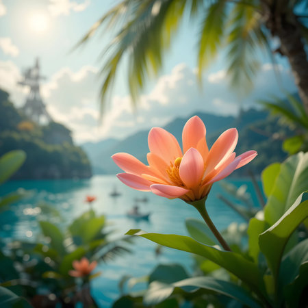 Beautiful pink lotus flower blooming on the background of the seaの素材