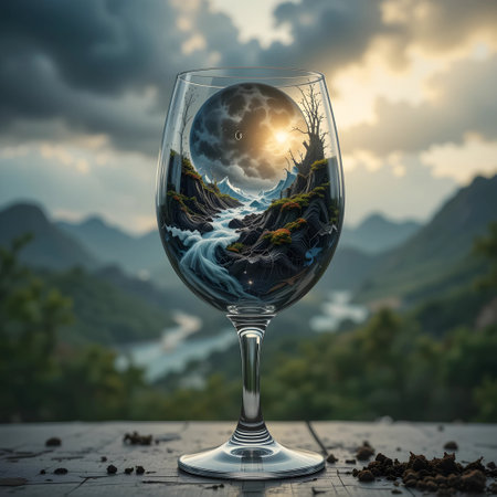 Globe in wine glass on the table with mountain landscape background.の素材