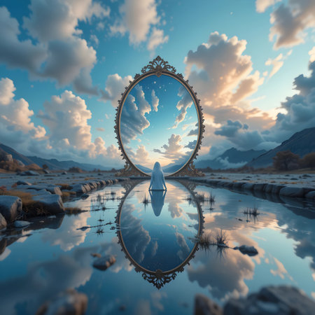 Reflection of a woman in a mirror with a reflection in the waterの素材