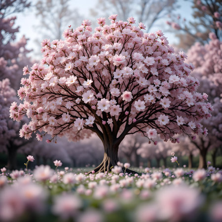 Beautiful blooming magnolia tree with pink flowers in spring gardenの素材