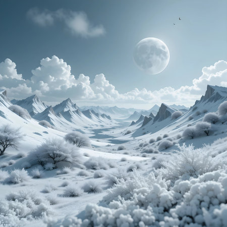 Fantasy winter landscape with snow covered mountains and moon. 3d renderingの素材