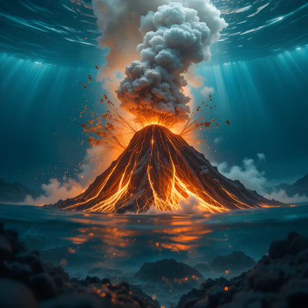 Volcano eruption on the background of the sea. 3d illustrationの素材