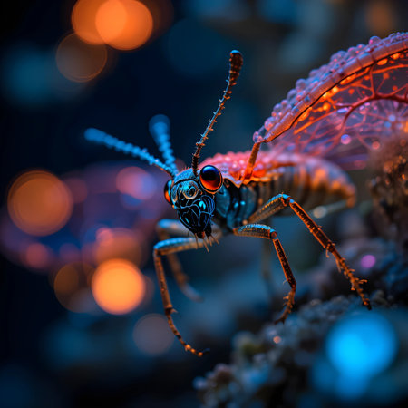 Macro shot of a black beetle on a dark background with colored lightsの素材