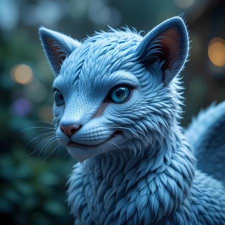 Blue cat with blue eyes close-up. Blue cat on the background of the night city.の素材