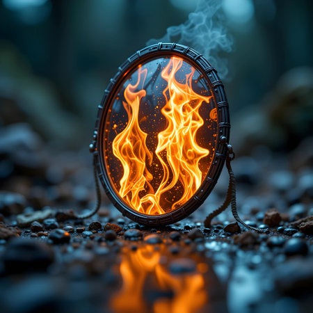 Burning mirror with fire flames. 3D illustration. Selective focus.の素材
