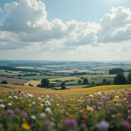 Beautiful summer landscape. Flower meadow on the hillside.の素材