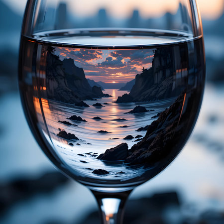 Glass of red wine on the background of the sea and sunset.の素材