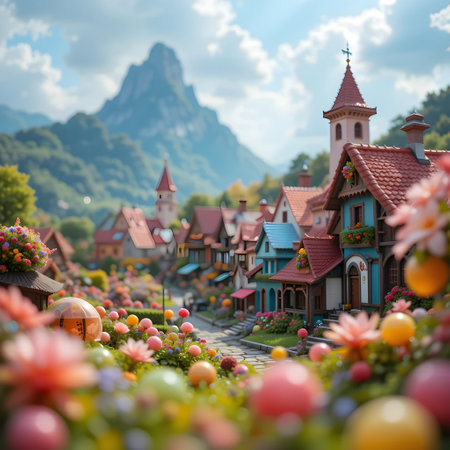 Miniature model of a village in front of a mountain with colorful Easter eggsの素材