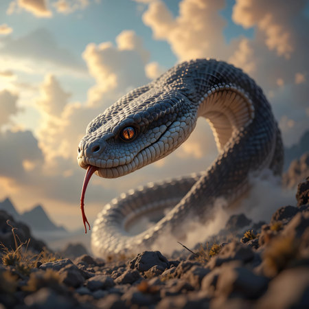 3D Illustration of a Snakeskin Snake in the Desertの素材