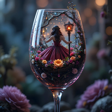 Wine glass decorated with flowers and candles in the shape of a womanの素材