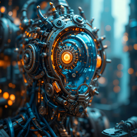 3D rendering of a robot head with gear wheels in the foregroundの素材