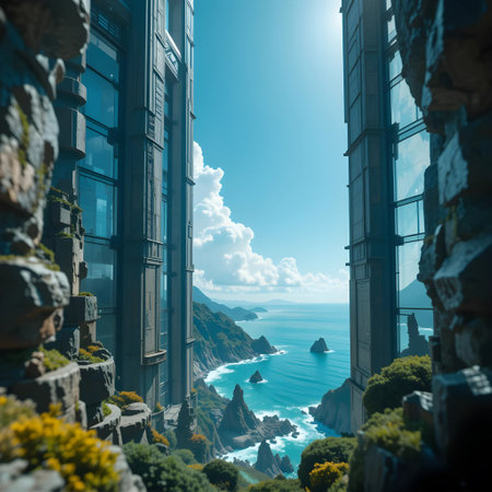 Beautiful view of the sea from the window of a modern houseの素材