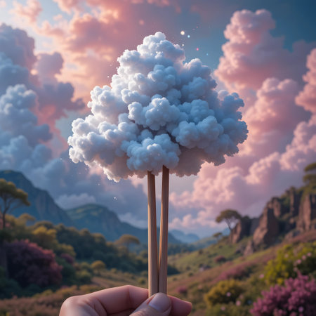 Hand holding a wooden stick in the form of a cloud on the background of the mountainsの素材