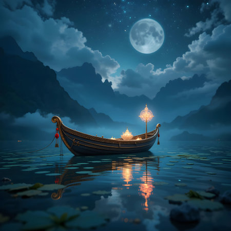 Fantasy landscape with boat on the lake at night and full moonの素材