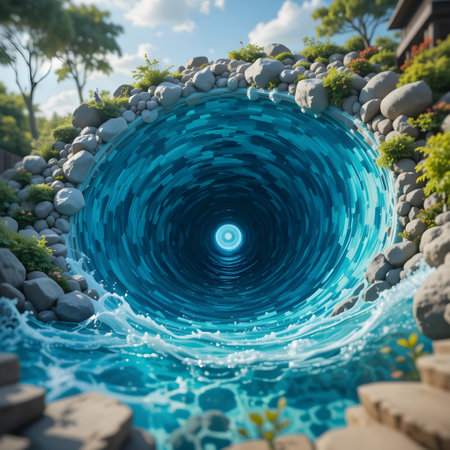 Swimming pool with blue water and stones in the form of a tunnelの素材