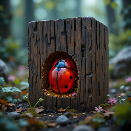 Ladybug in a birdhouse in the forest. 3d rendering.の素材