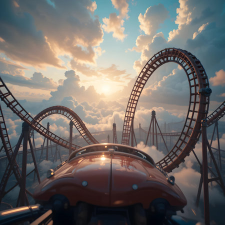 Amusement park with roller coaster and sunset sky. 3d renderの素材