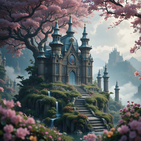Beautiful fantasy landscape with castle, waterfall and blooming pink flowersの素材