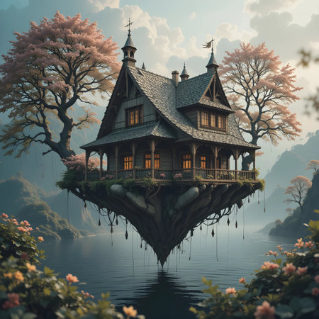 Old wooden house on the lake with beautiful nature background,3d renderの素材