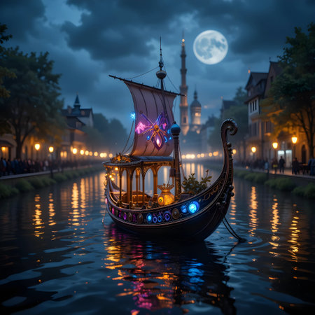 Boat in the middle of the city at night with full moonの素材