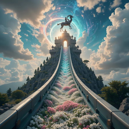 Fantasy landscape with a fantasy castle in the sky. 3d renderingの素材