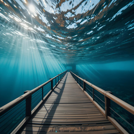 Underwater view of a wooden bridge leading to the sea. 3d renderingの素材