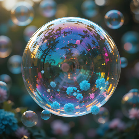 Soap bubbles with beautiful bokeh effect. 3d renderingの素材