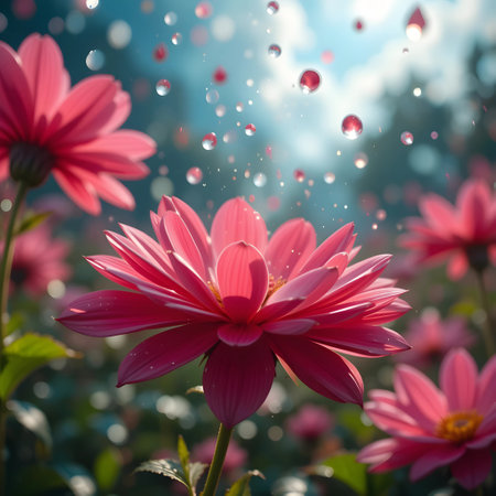 Pink flowers with drops of water on a background of blue sky.の素材