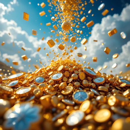 Gold coins falling into the sky. 3D illustration. 3D rendering.の素材