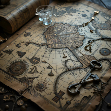 Vintage map and old keys, closeup. Travel and adventure conceptの素材