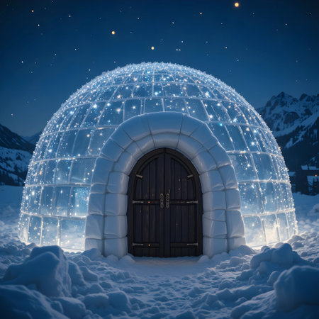 3d rendering of igloo in the snow at night with lightsの素材