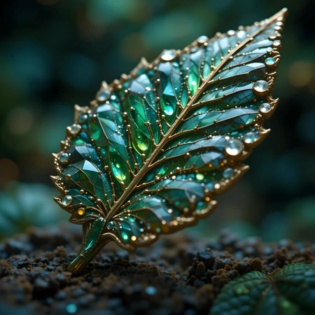 Macro shot of a green leaf with water droplets in the groundの素材