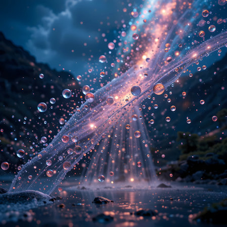 Fantastic night landscape with water and bubbles. 3d renderingの素材